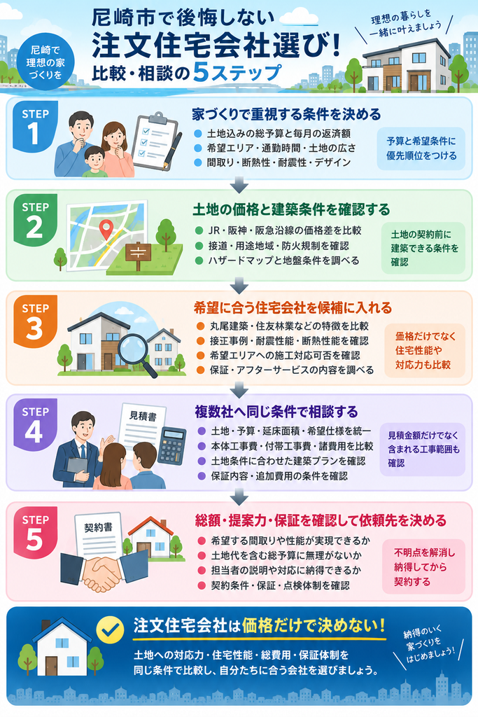 尼崎市で注文住宅会社を選ぶ際の条件整理・土地比較・会社選定・相見積もり・契約判断の5ステップを示した図解