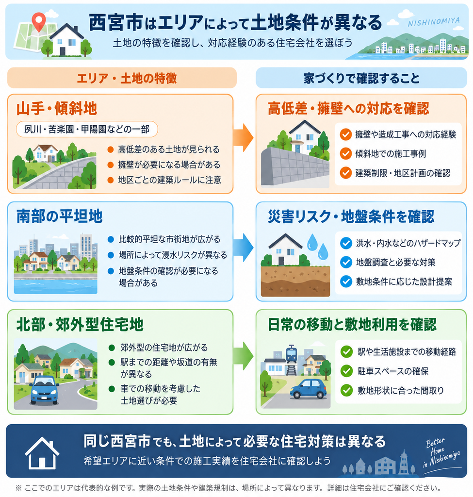 西宮市の山手・傾斜地、南部の平坦地、北部の郊外型住宅地の特徴と、家づくりで確認すべき項目を比較した図解