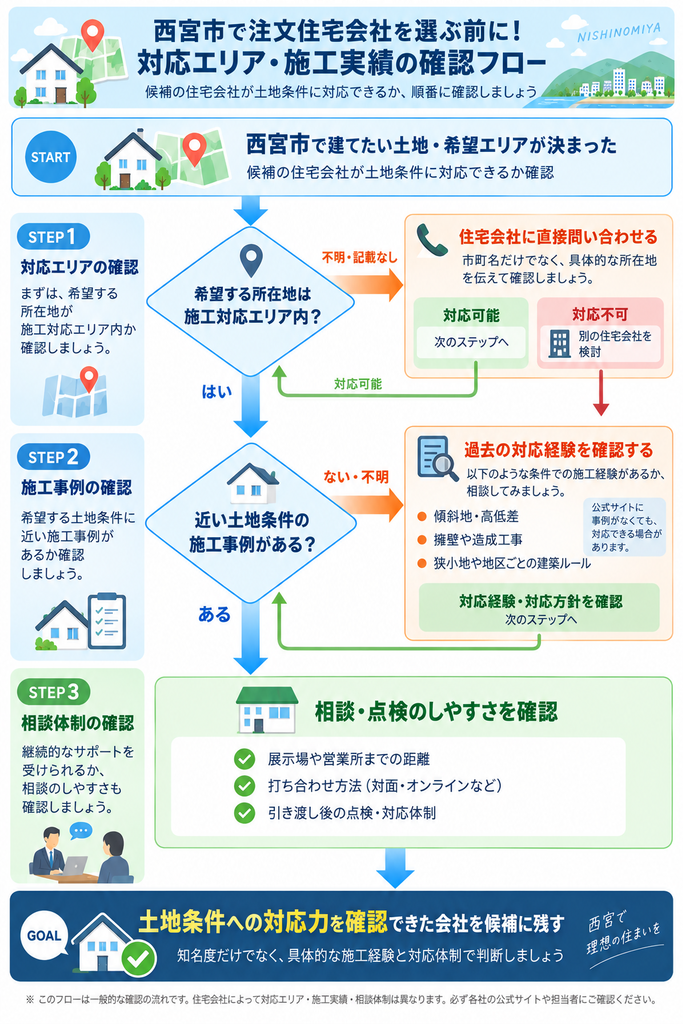 西宮市で住宅会社の施工対応エリア、土地条件に近い施工実績、相談・点検体制を順番に確認するフローチャート