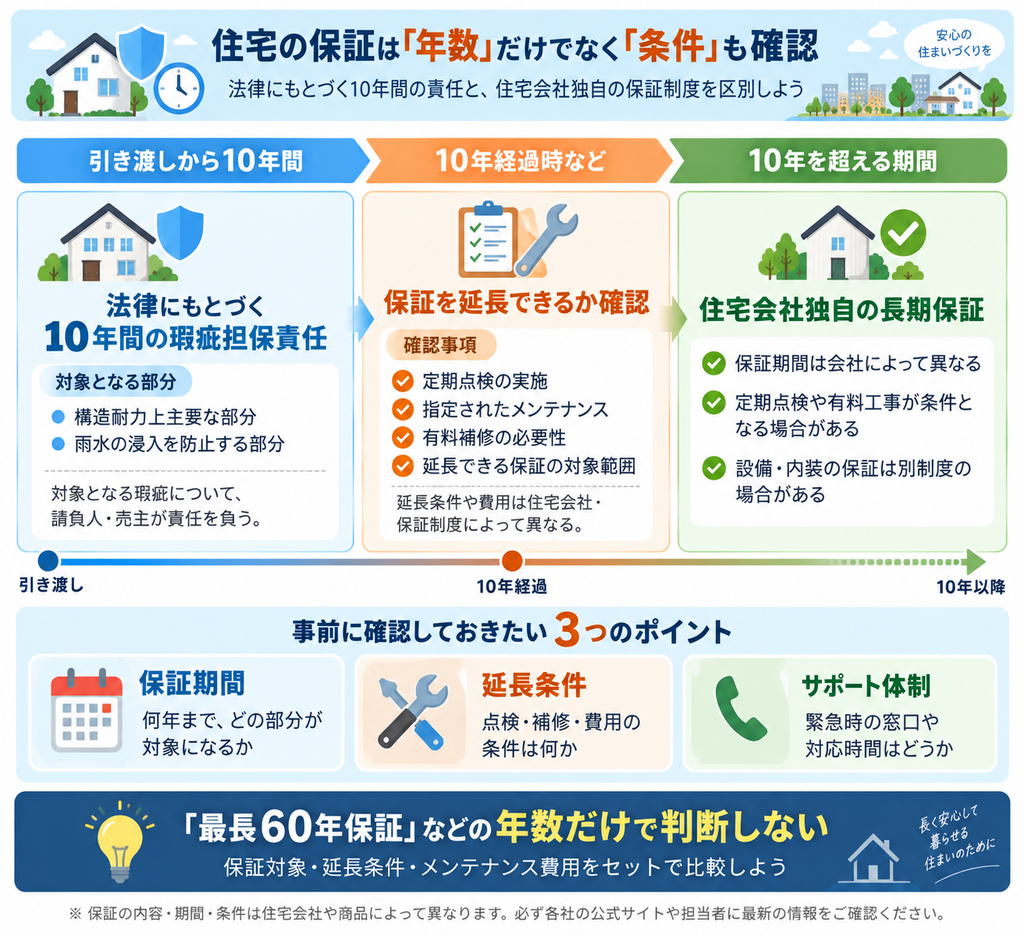 注文住宅の引き渡しから10年間の法定責任と、10年経過後の長期保証、延長条件や点検費用の違いを示した図解