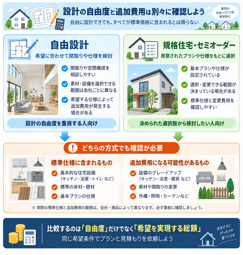注文住宅の自由設計と規格住宅・セミオーダーの違い、標準仕様に含まれる内容と追加費用の関係を比較した図解
