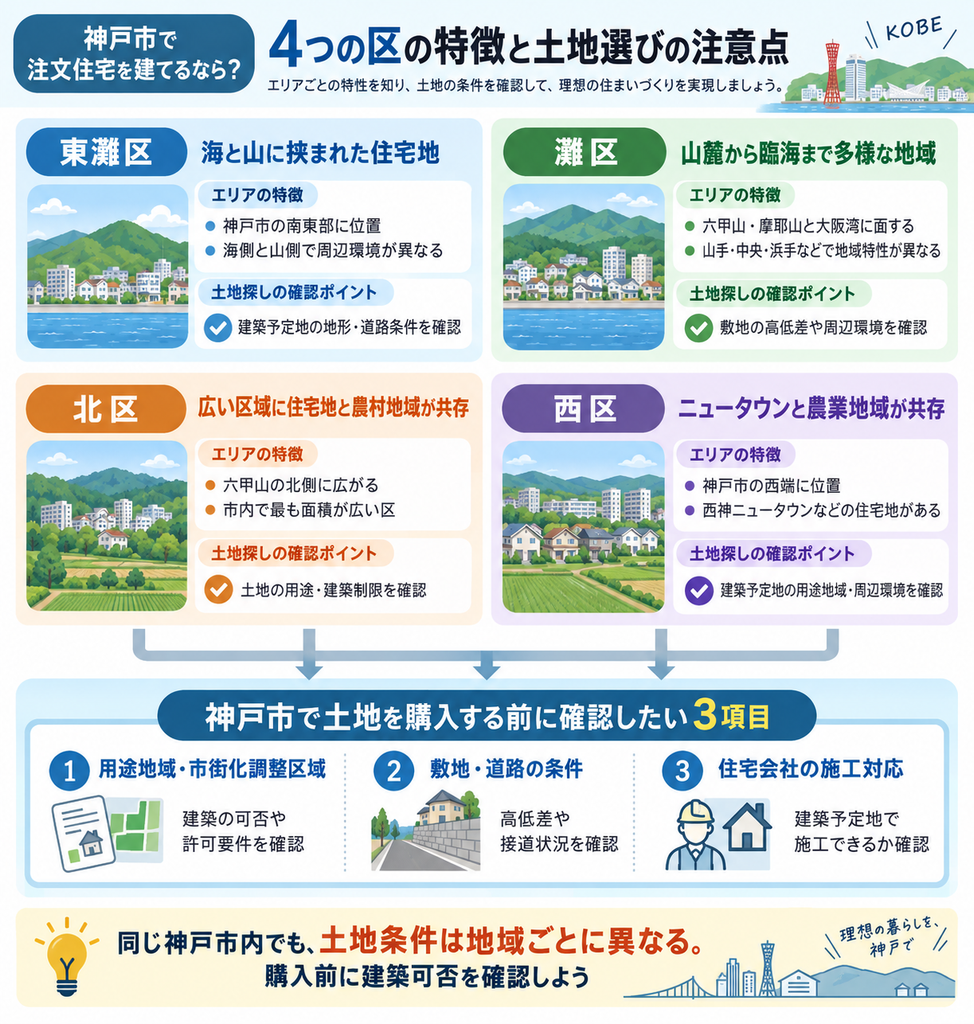 神戸市の東灘区・灘区・北区・西区の地域特性と、土地購入前に確認したい用途地域・道路条件・施工対応を整理した図解