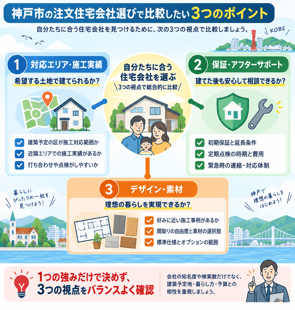 神戸市の注文住宅会社選びで重要な対応エリア・施工実績、保証・アフターサポート、デザイン・素材の3つの比較軸を整理した図解