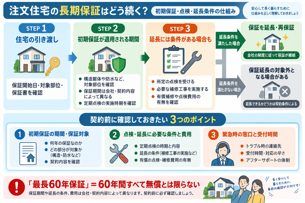 注文住宅の引き渡しから初期保証、定期点検、保証延長までの流れと、延長条件や有償補修の注意点を示したフロー図