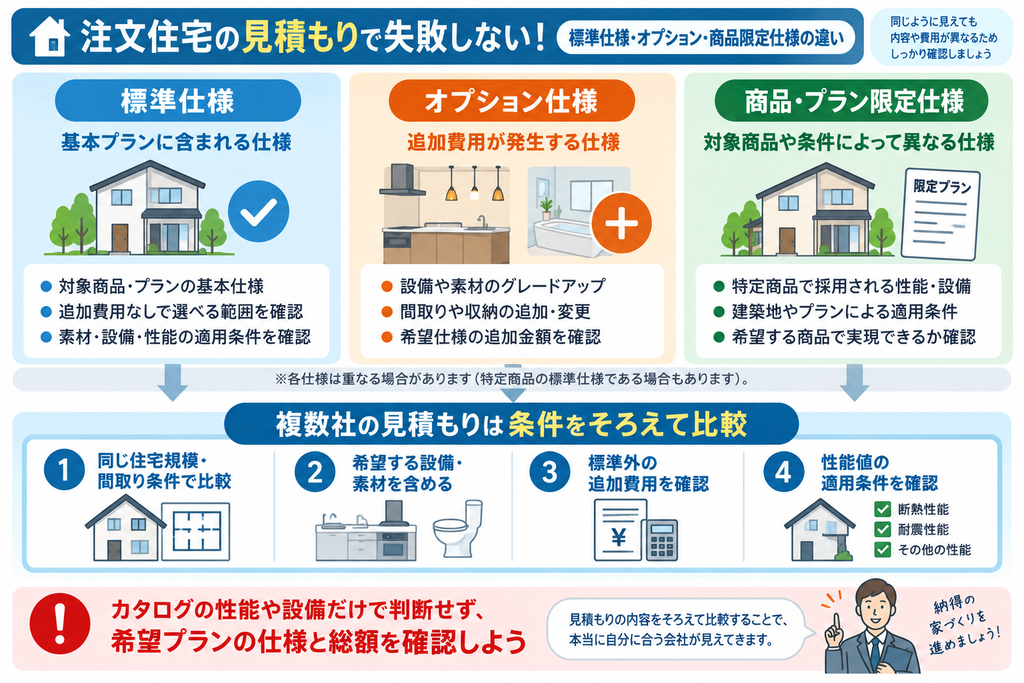 注文住宅の標準仕様・オプション・商品限定仕様の違いと、追加費用や性能条件をそろえて見積もりを比較するポイントを示した図解