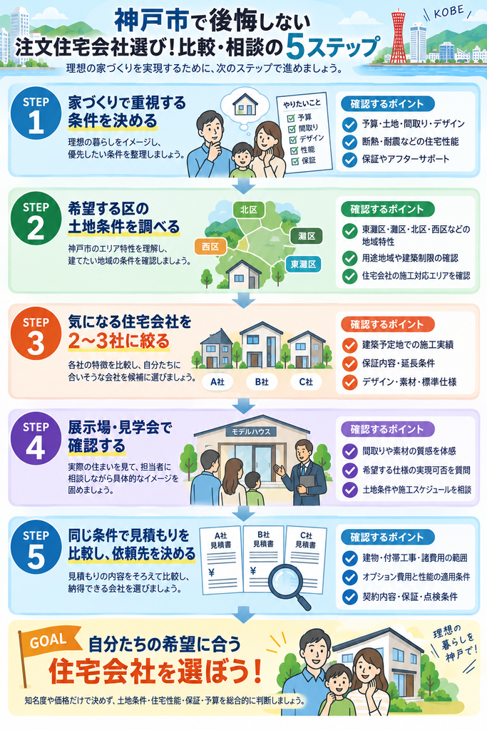 神戸市で注文住宅会社を選ぶ際の条件整理、土地確認、候補比較、展示場見学、見積もり比較までの5ステップを示した図解