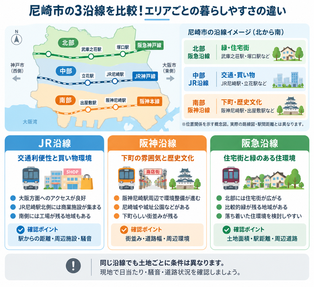 尼崎市のJR・阪神・阪急沿線の位置関係と、交通利便性・買い物環境・住宅街・緑などの特徴を比較した図解