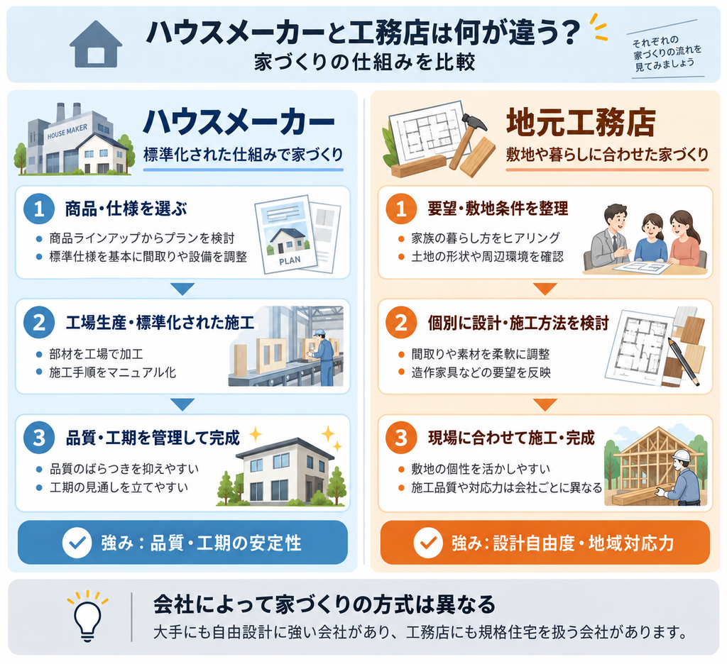 ハウスメーカーの標準化された施工と、工務店の自由設計・地域対応力を3段階の工程で比較した図解