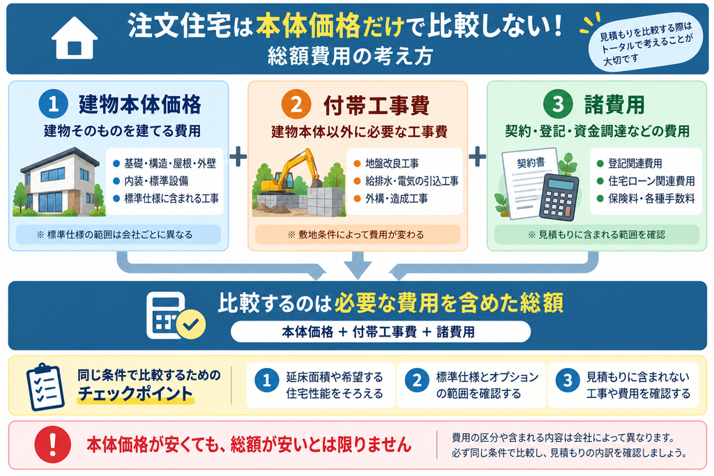 注文住宅の総額費用を建物本体価格・付帯工事費・諸費用の3つに分け、見積もり比較のポイントを示した図解