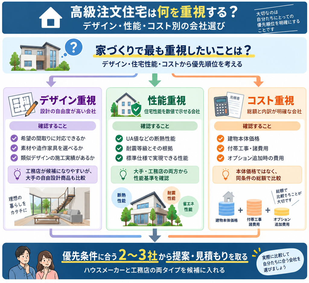 高級注文住宅の会社選びで、デザイン・住宅性能・コストの優先条件別に確認すべきポイントを整理した図解