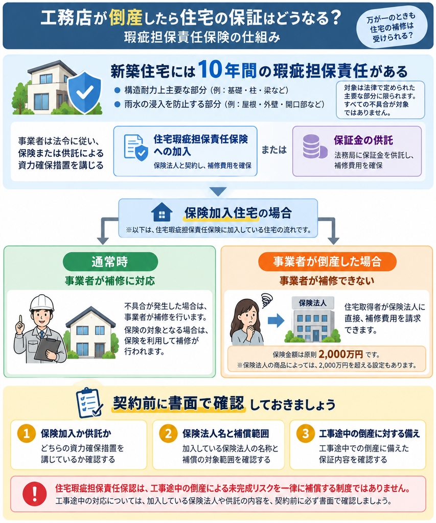 新築住宅の10年間の瑕疵担保責任と、通常時・事業者倒産時における住宅瑕疵担保責任保険の仕組みを示した図解