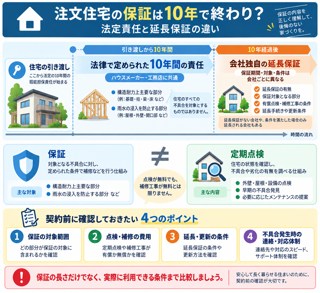注文住宅の10年間の法定瑕疵担保責任と会社独自の延長保証、定期点検との違いを時系列で整理した図解