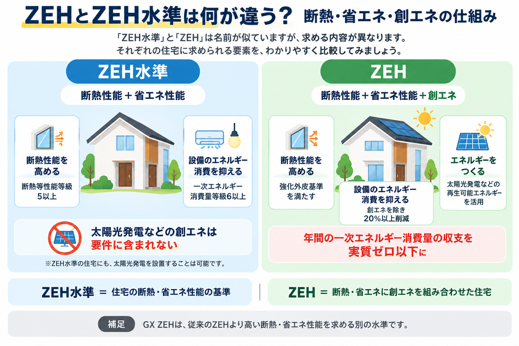 ZEH水準は断熱と省エネ、ZEHはさらに太陽光発電などの創エネを組み合わせる仕組みを示す比較図