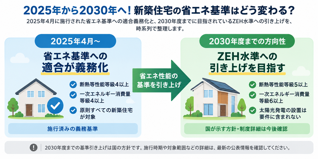 2025年の省エネ基準義務化から2030年度までのZEH水準への引き上げ方針を示す時系列図