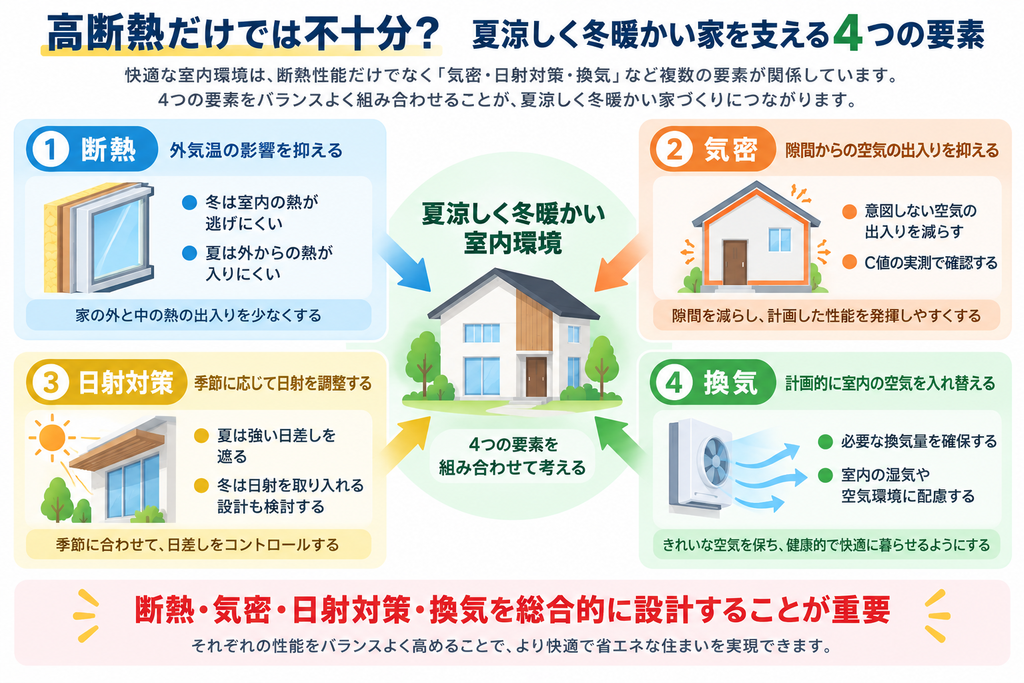 夏涼しく冬暖かい住宅を実現するための断熱・気密・日射対策・換気の4要素と関係性を示す図