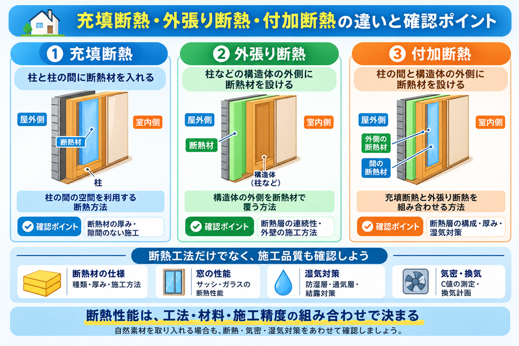充填断熱・外張り断熱・付加断熱の断熱材の配置と、施工品質や湿気対策の確認ポイントを示す比較図