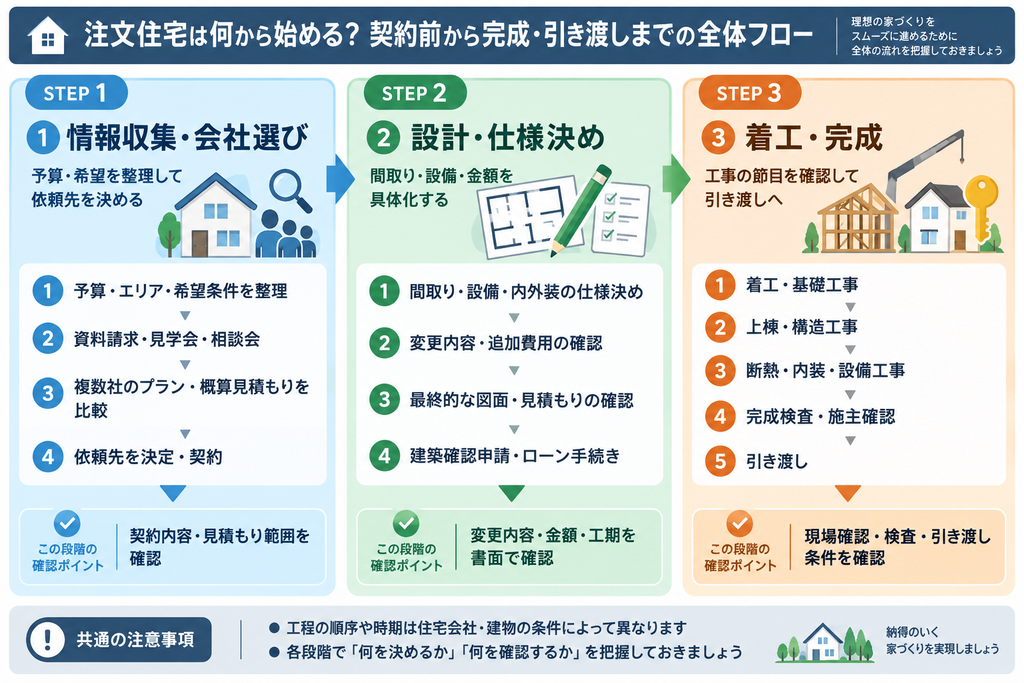 注文住宅の情報収集・会社選び、設計・仕様決め、着工から完成・引き渡しまでの3段階と確認ポイントを示した図解。