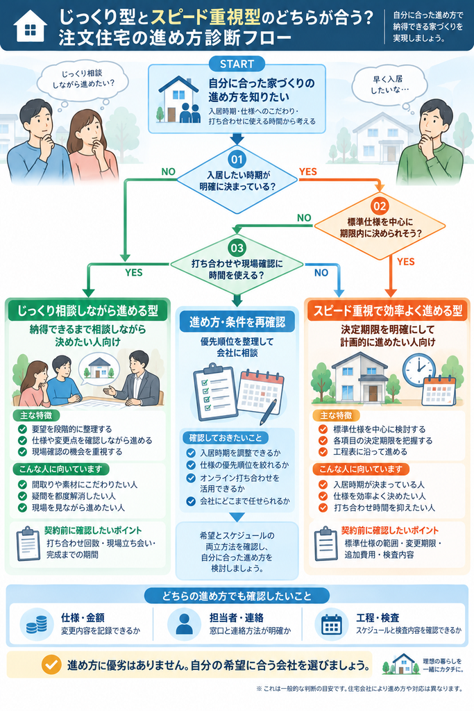 注文住宅の入居希望時期、標準仕様への対応、打ち合わせ時間をもとに、じっくり相談型とスピード重視型を選ぶ判断フロー。