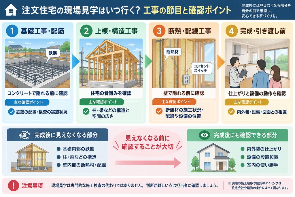 注文住宅の基礎工事・上棟・断熱配線工事・完成時に確認すべき施工箇所と、完成後に見えなくなる部分を示した図解。