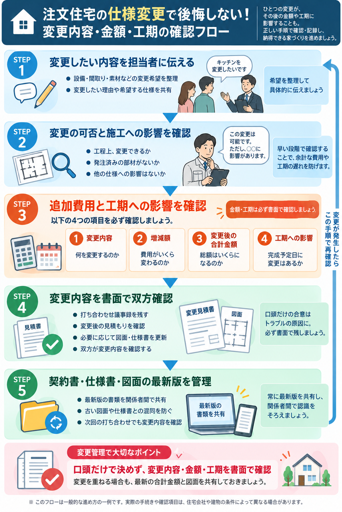 注文住宅の仕様変更について、変更希望の伝達から施工可否、追加費用・工期の確認、書面記録、最新版共有までの5ステップを示した図解。